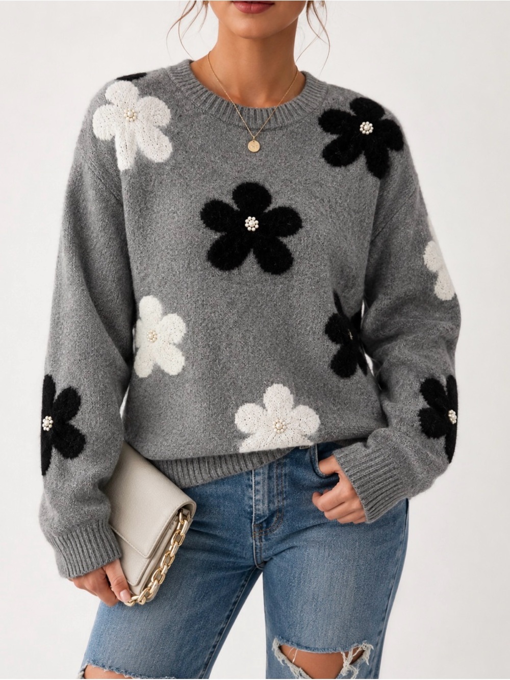Nanette Nanette Lepore Floral Pearl Sweater Medium Gray Black White